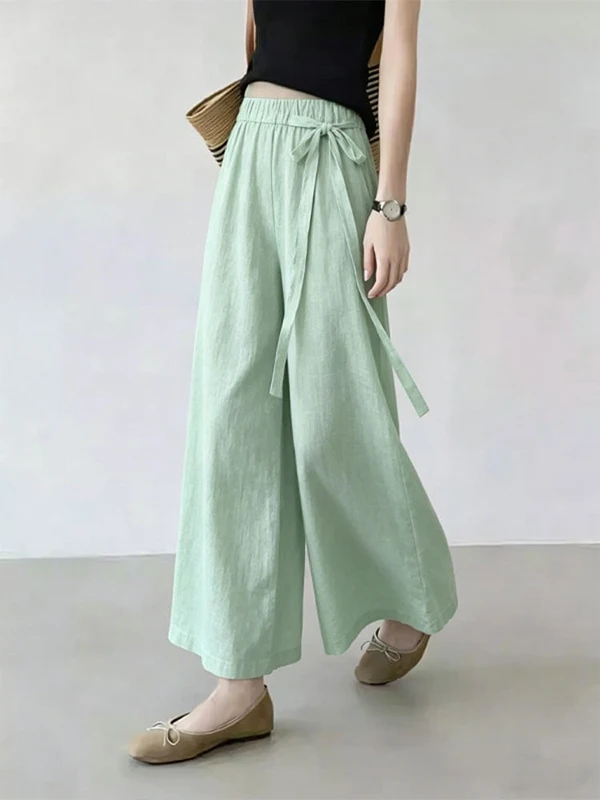 

Summer 2026 Women's Comfortable Loose Wide Leg Pants Green Linen Trousers Casual High Waist Straight Tube Fashionable Lazy Style