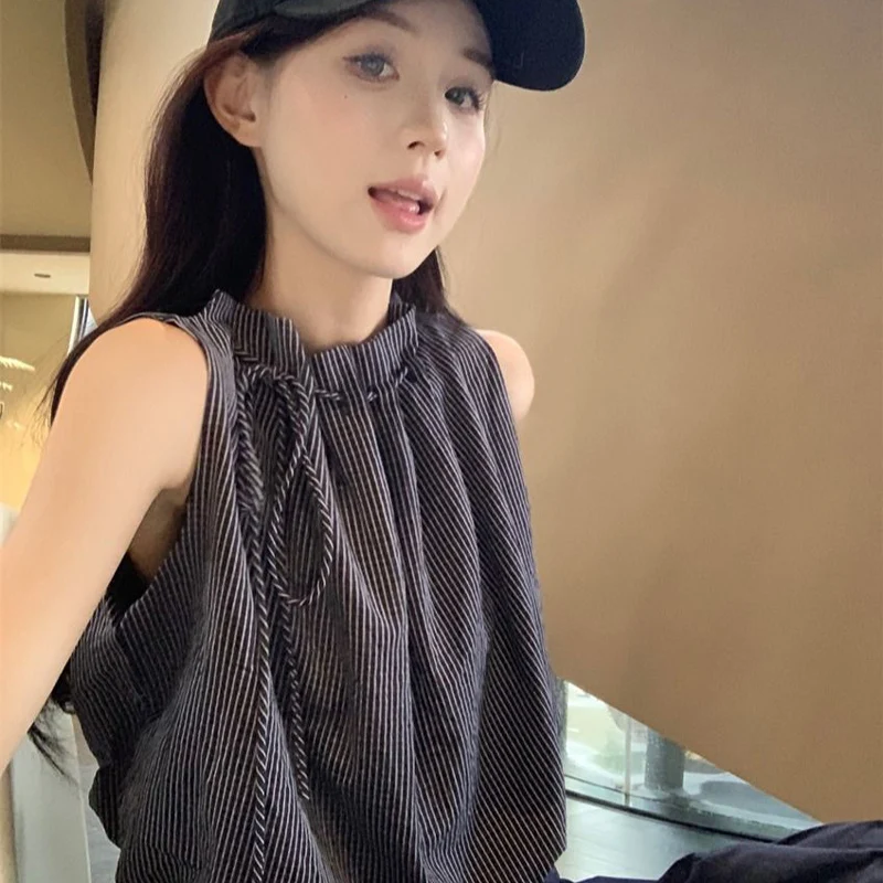 

Blue Plaid Loose Trendy Sleeveless Vest Shirt Summer New Korean Version Niche Youth Vitality Daily Commuting Short Women's Top