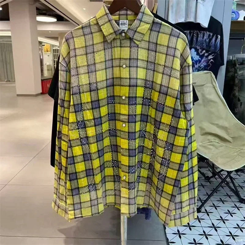 좋은 품질의 밸리 옐로우 셔츠 재킷 남녀 공용 베스트 핫 드릴 프린트 순면 밸리 오버사이즈 체크 셔츠 실사