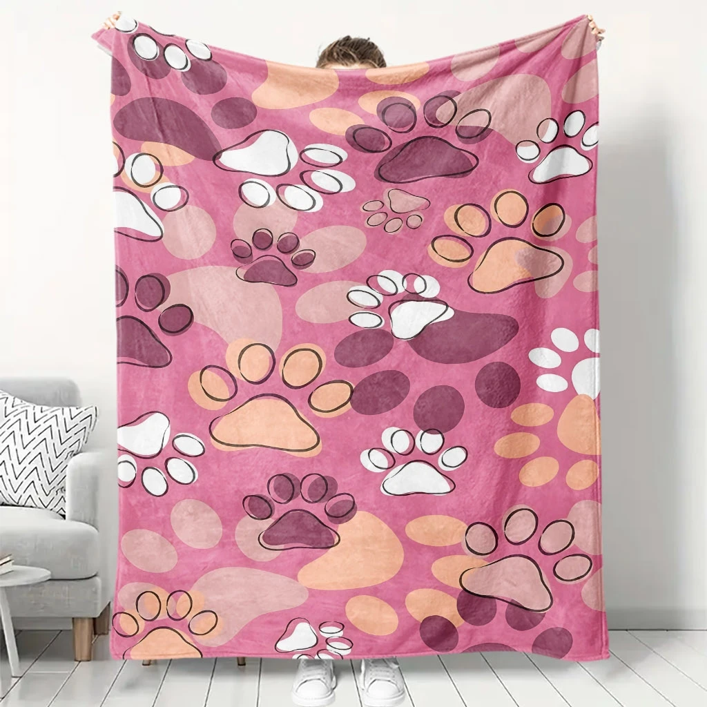 Abstract Colorful Pet Paw Outline Pink Base Repeat Pattern Flannel Throw Blanket, Warm Cozy Blanket,Cute Animal Girls Room Decor