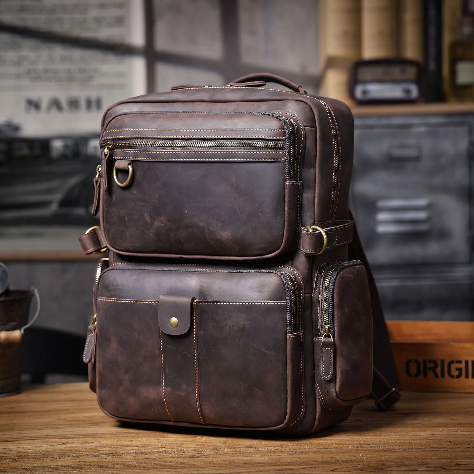 S.WORKER Vintage Echtleder-Rucksack Laptop-Tasche Casual Crazy-Horse-Leder Schultasche Outdoor-Reise-Weekender-Tasche – Detail 9
