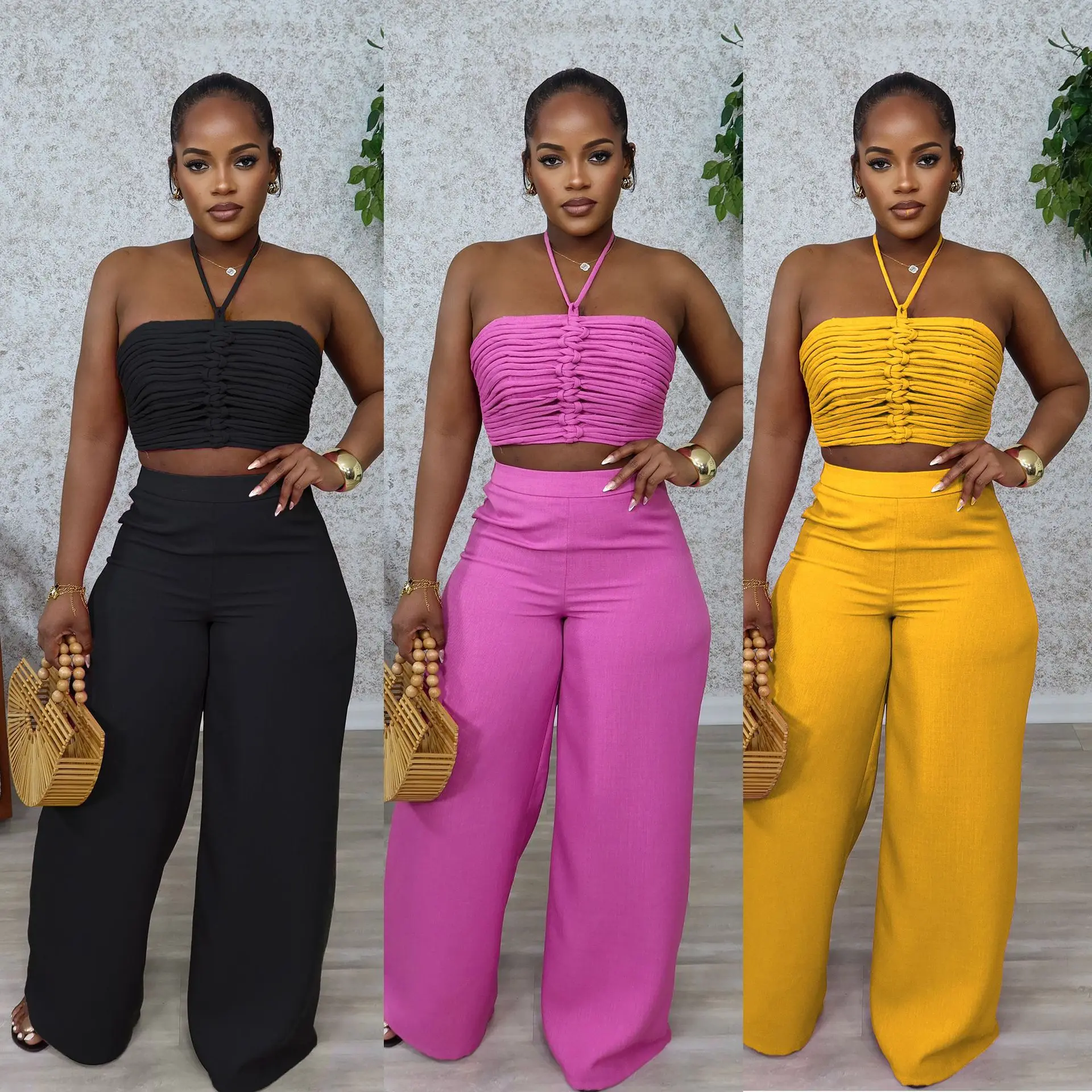 

Pant Set Women Two Piece Sets Sexy Sleeveless Tops Drawstring Wide Leg Long Pants High Waist Y2k Streetwear Elegant Splice