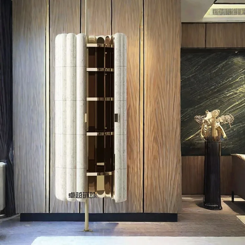 Italian stainless steel wine cabinet light luxury high-end high-end villa home wine cabinet new column storage display cabinet