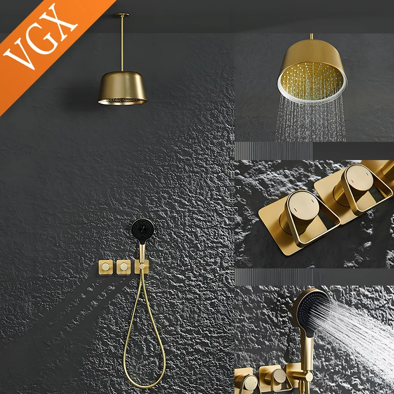 

VGX Concealed Shower System Set Luxury Gold Bathroom Shower Set Brass Rainfall Shower Head Set Shower Faucet Set Grey Chrome