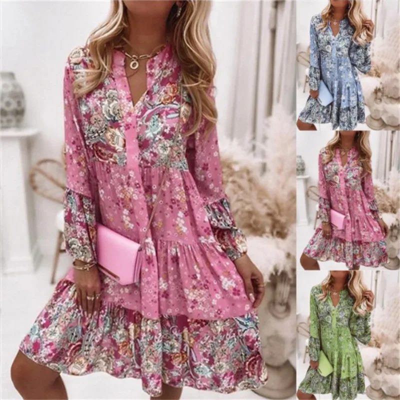 Casual Floral Print Dresses For Women 2024 Sping Summer Boho V Neck Delicate Loose A Line Elegant Beach Party Dress Robe Femme