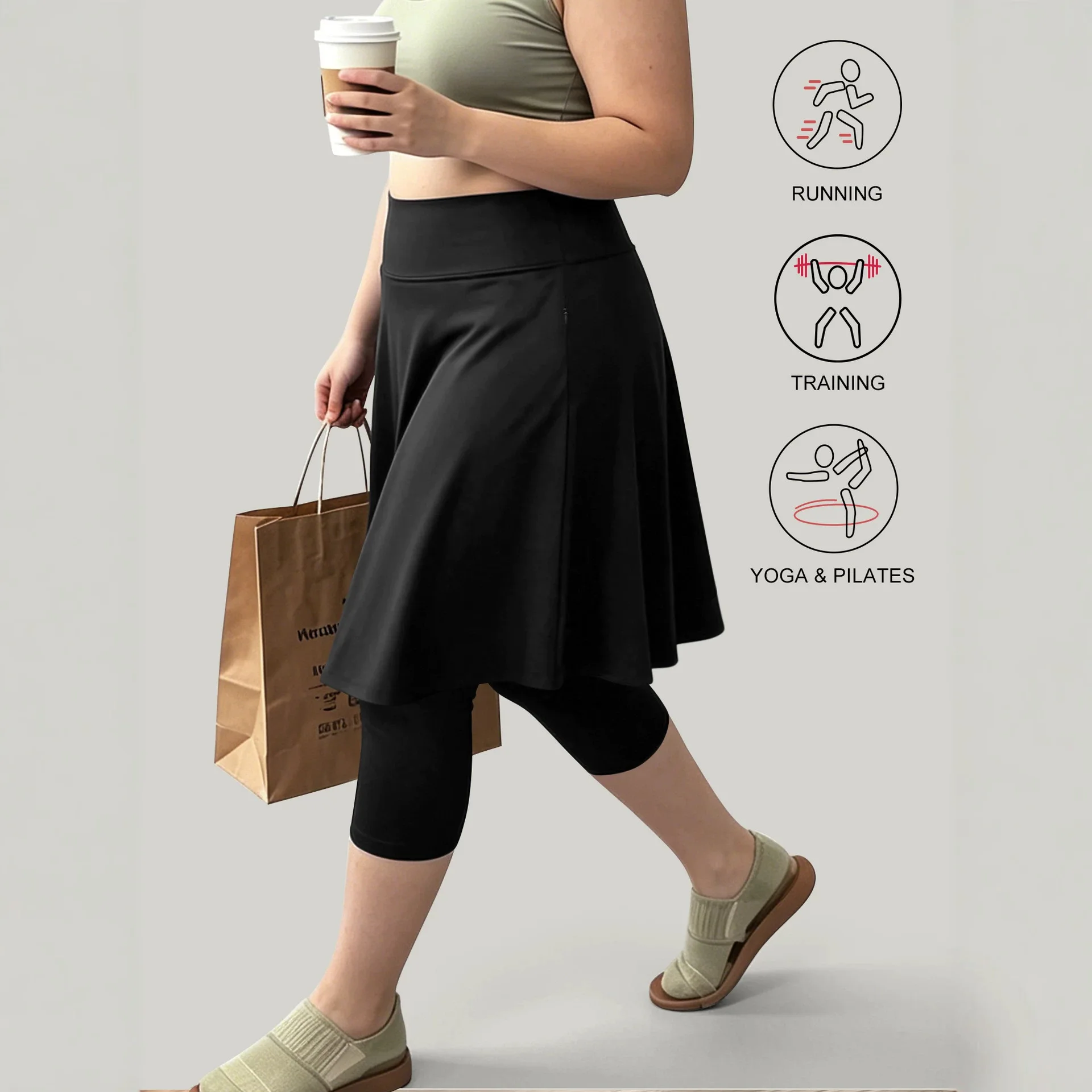 Plus Size Women 2 in 1 Yoga Skirt Pants High Waist Side Zipper Pockets 7/8 Length Capri Skort for Workout Tennis