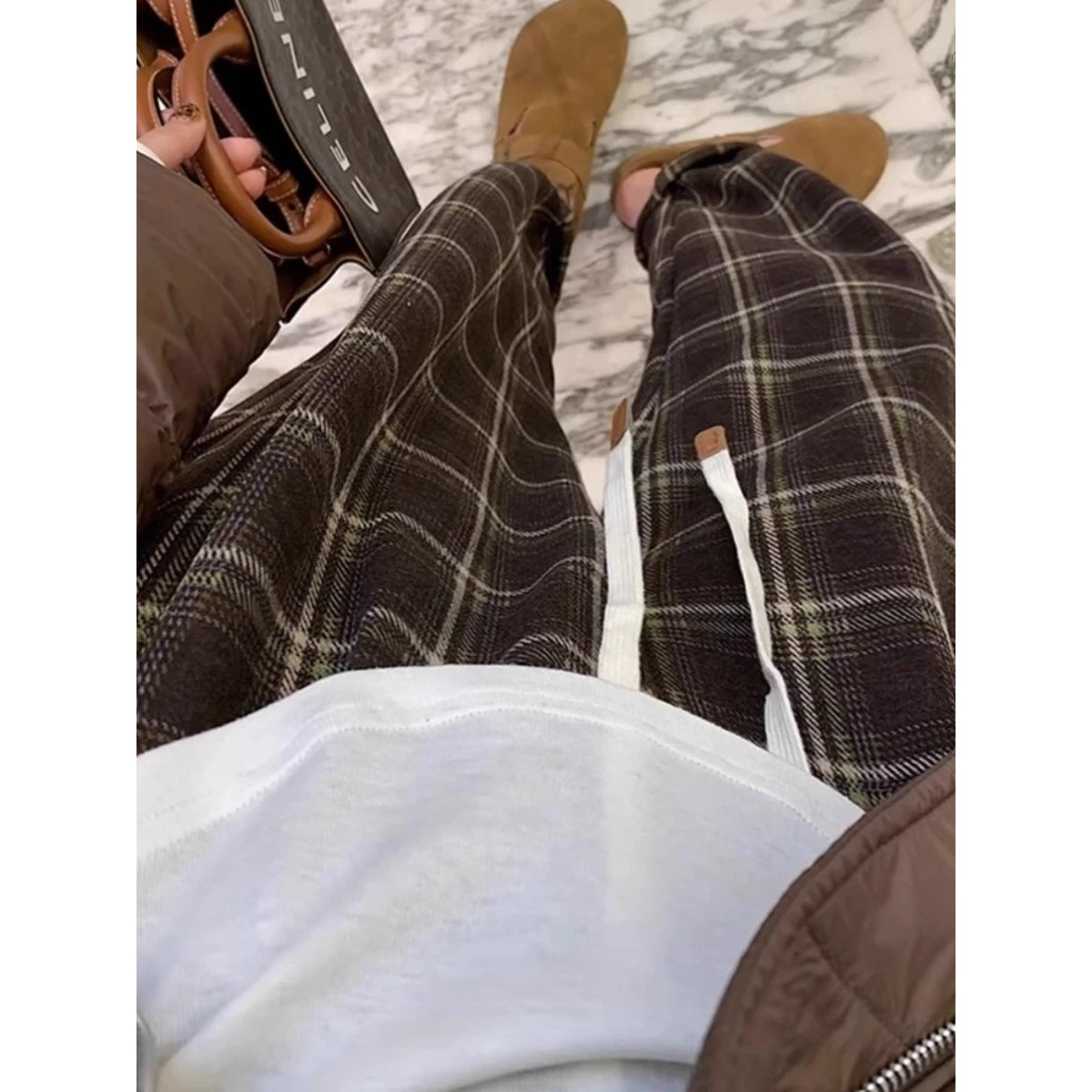 Pantalon décontracté à carreaux pour hommes, grande taille, Thiened Fce Dstring, jambes larges, automne hiver, jambe droite, pantalon Long chaud