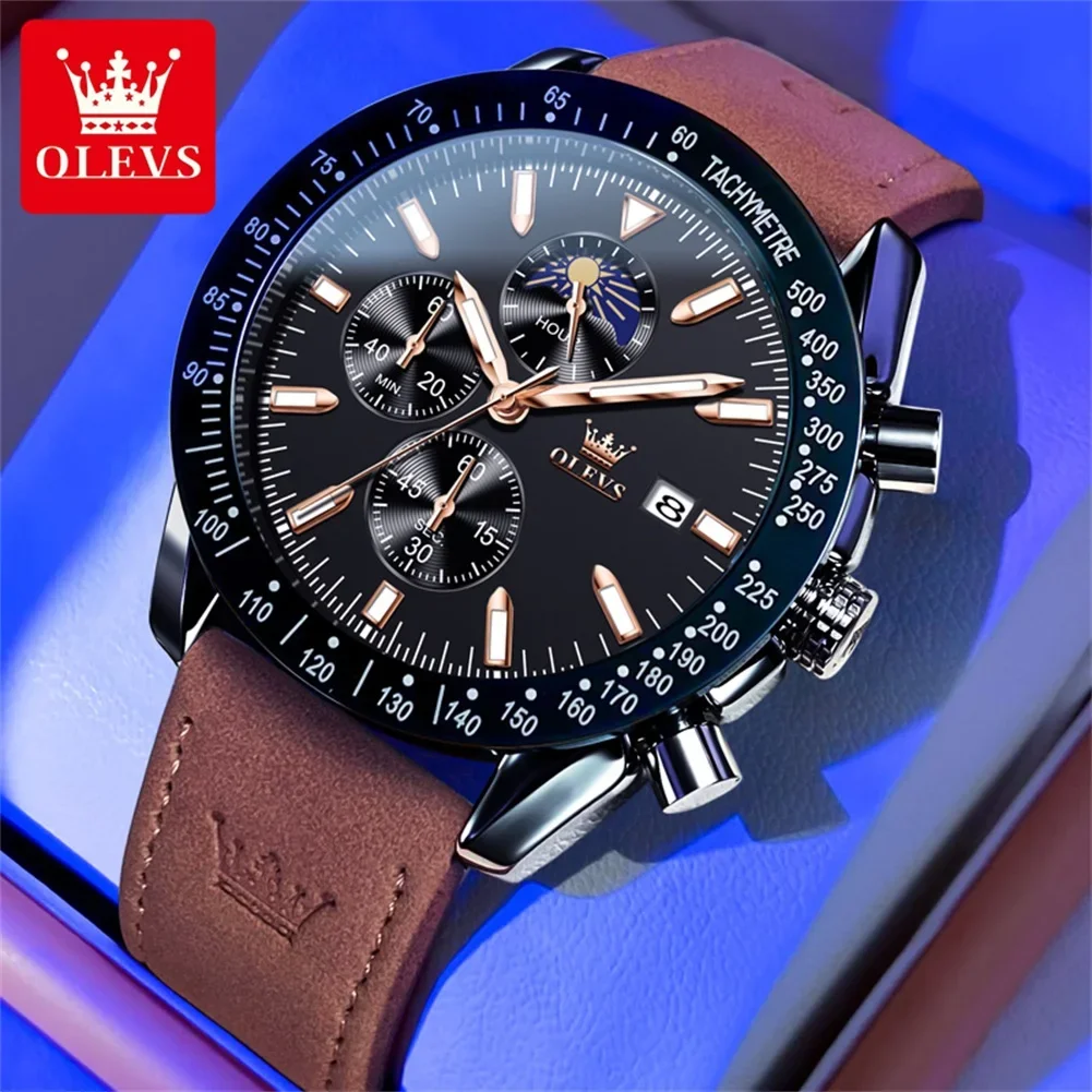 

OLEVS 9980 Luxury Brand Quartz Watch for Men Nubuck Leather Strap Waterproof Chronograph Wristwatch New In Moon Phase Man Watch