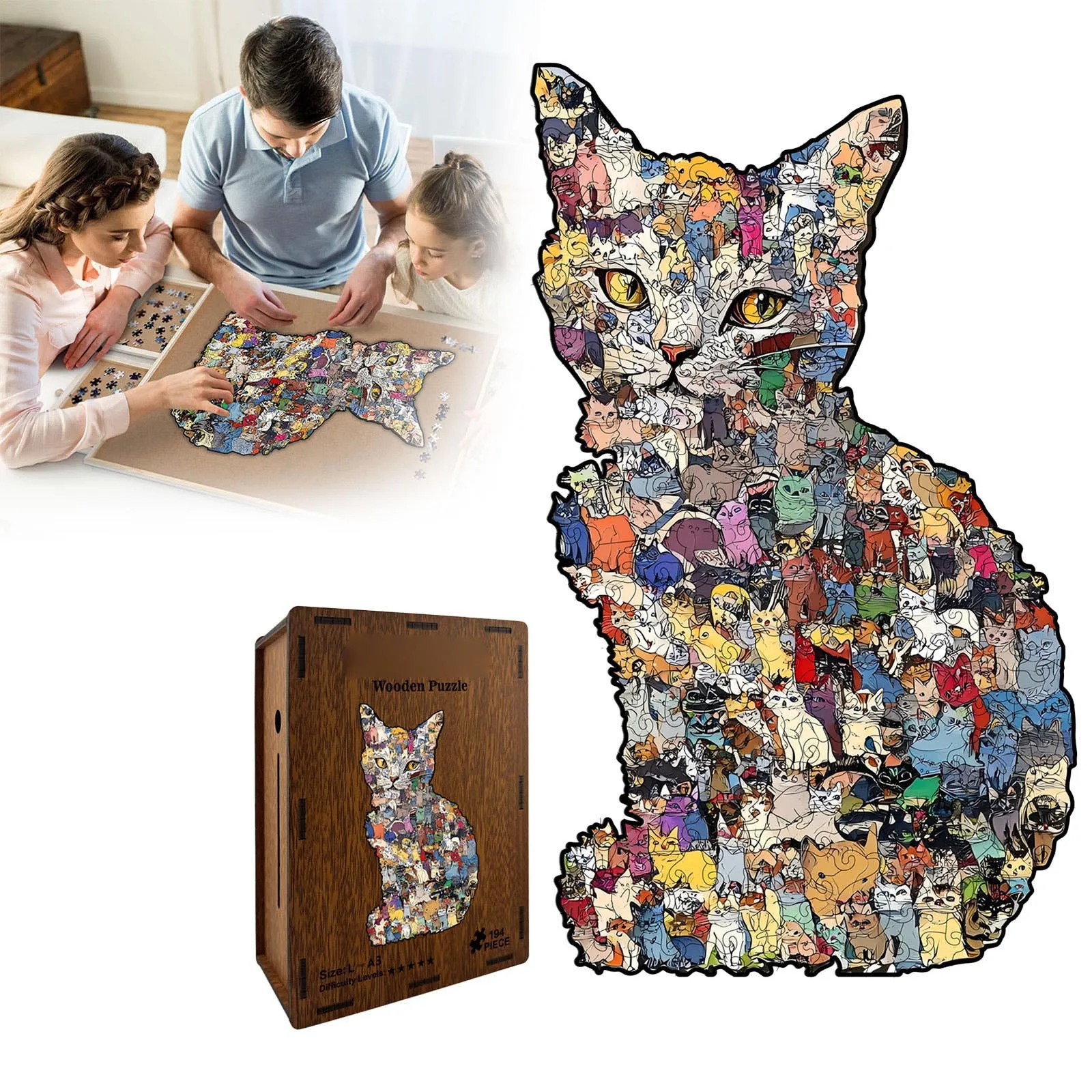 Puzzle en bois en forme de chat Unique, 194 pièces, puzzle stimulant pour adultes, œuvre d'art finie pour la décoration murale de la maison