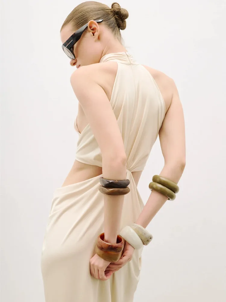 Vrouwen beroemdheid sexy uitgesneden beige gedrapeerde maxi lange jurken jurk 2025, elegante avondfeest club vestido