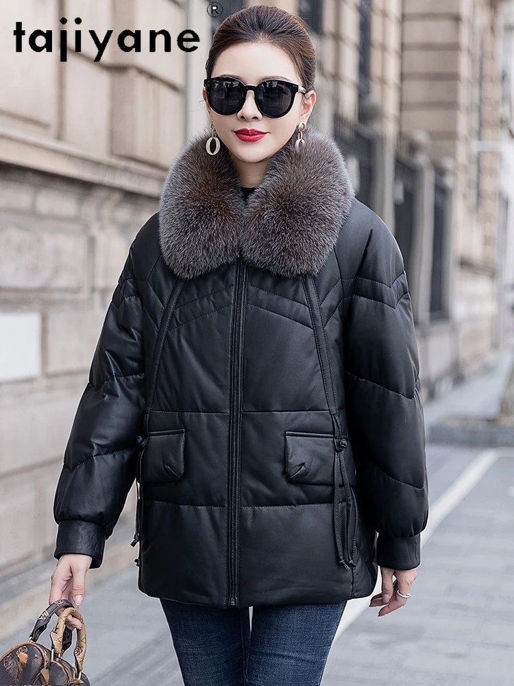 เสื้อแจ็คเก็ตขนเป็ดแท้ TAJIYANE 100% หนังแกะ แต่งขนฟ็อกซ์ สำหรับผู้หญิง เสื้อโค้ทหนังแท้ เสื้อผ้าฤดูหนาว ผู้หญิง 2025
