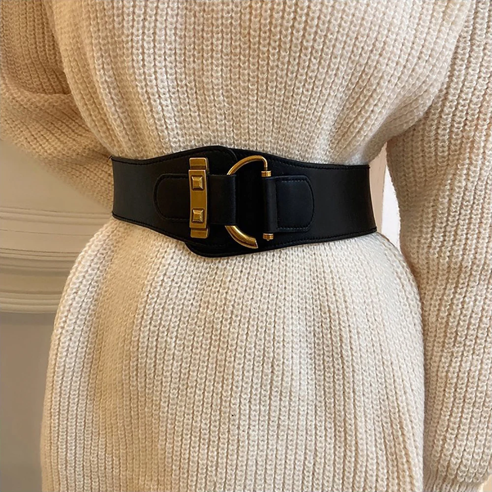 Vintage Luxury Metal C Buckle Wide Waist Cincher, Slimming PU Belt, For Sweaters & Coats, Elegant Waist Decor