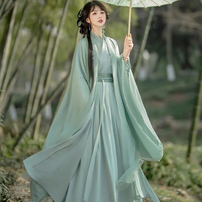 YF04 Hanfu Women's Green Cross Collar Wide Sleeve Flow Fairy Skirt Chivalrys Wei Jin Wind Big Sleeve Shirt Ancient Summer