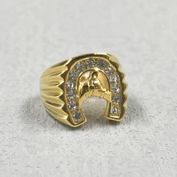 316L stainless steel gold color Jockey Club horseshoe men's ring with rhinestone horse high quality jewelry