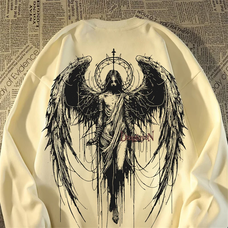 Europe and America y2k Women Men\'s Sweatshirts Angel Wings Printing Autumn Clothes Long Sleeves Crew Neck Oversized Hip Hop Tops