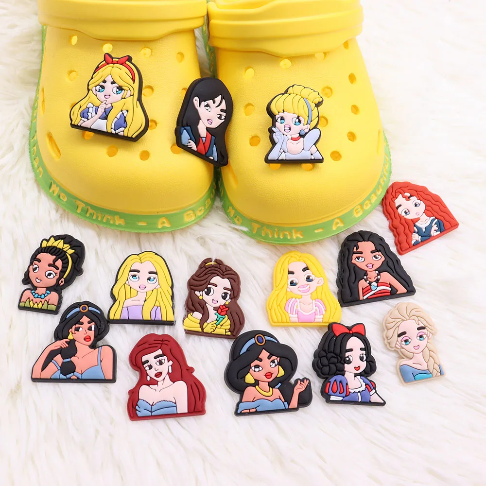 

Wholesale 50pcs PVC Shoe Charms Disney Princess Elsa Ariel Snow White Hole Slipper Accessories Shoe Ornament For Child Hot Gift