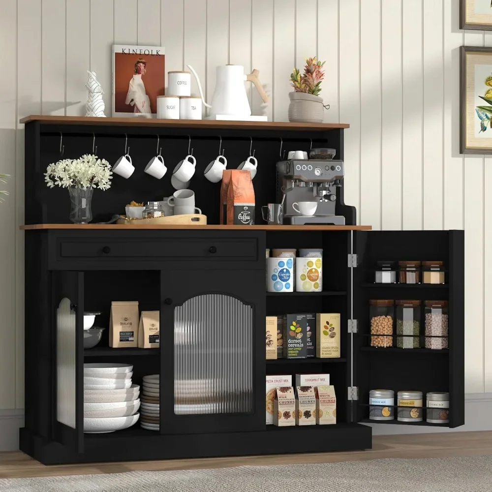 Sideboard Kitchen Pantry Cabinet with Glass Doors, Wood Coffee Bar Cabinet with Drawer, Farmhouse Buffet Sideboard Dining Room