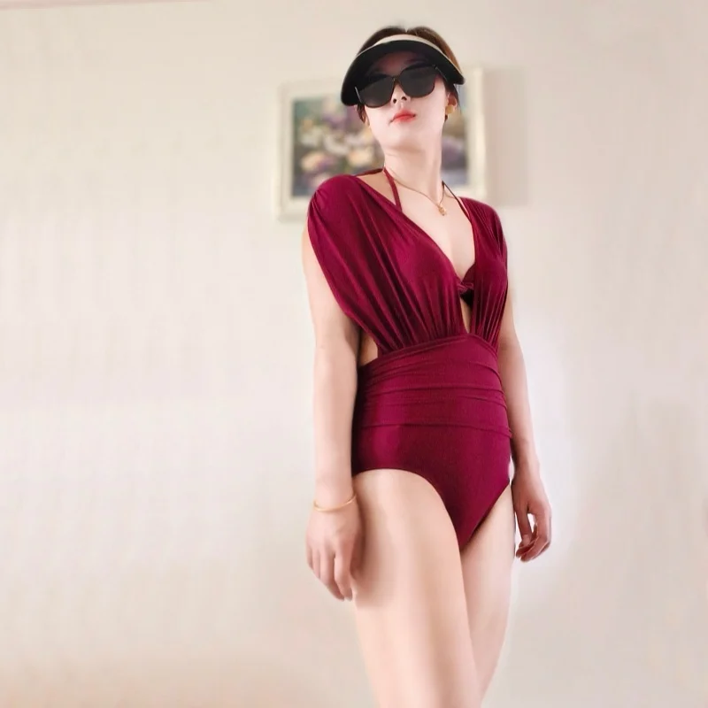 

New Sexy Korean Swimsuit Monokini 2 Piece Women Bikini Set Halter Fashion Fused Bathing Suit V Neck Swimwear Swim Suits Ladies