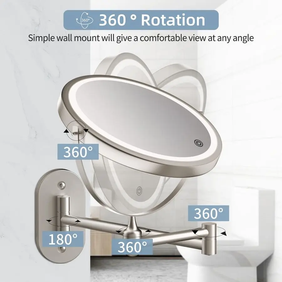 مرآة مكياج مضاءة مثبتة على الحائط 8 بوصة 1X 10X مرآة مكبرة مع 3 أضواء ملونة، مرآة حمام مزدوجة الجوانب مع #6