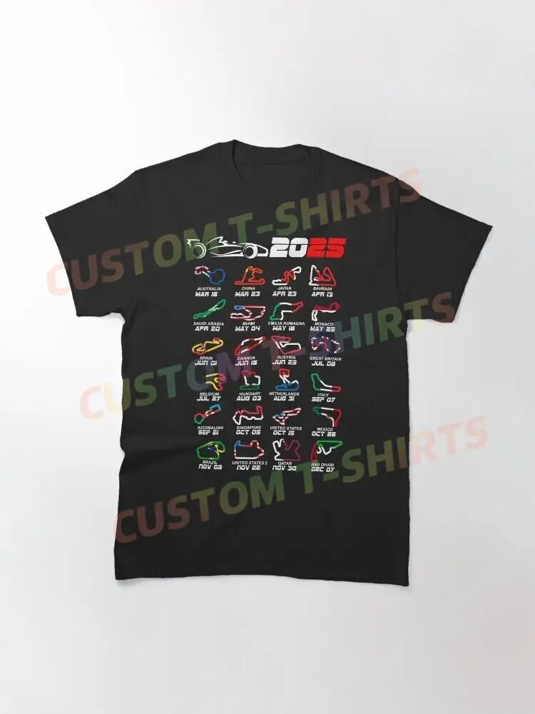 

Calendar Formula race cars 2025 circuits colors Classic T-Shirt Graphic Summer Short Sleeves 100% Cotton S-3XL
