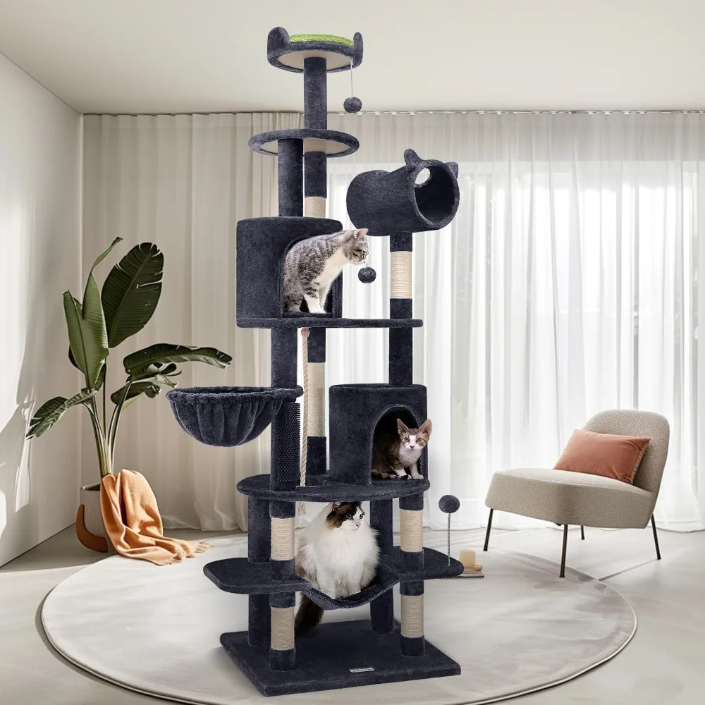 Tall Cat Tree, Cat Tree Tower for Indoor Multiple Cats Climbing Tree with Scratching Post,  Large Hammock, Cat Activity Center