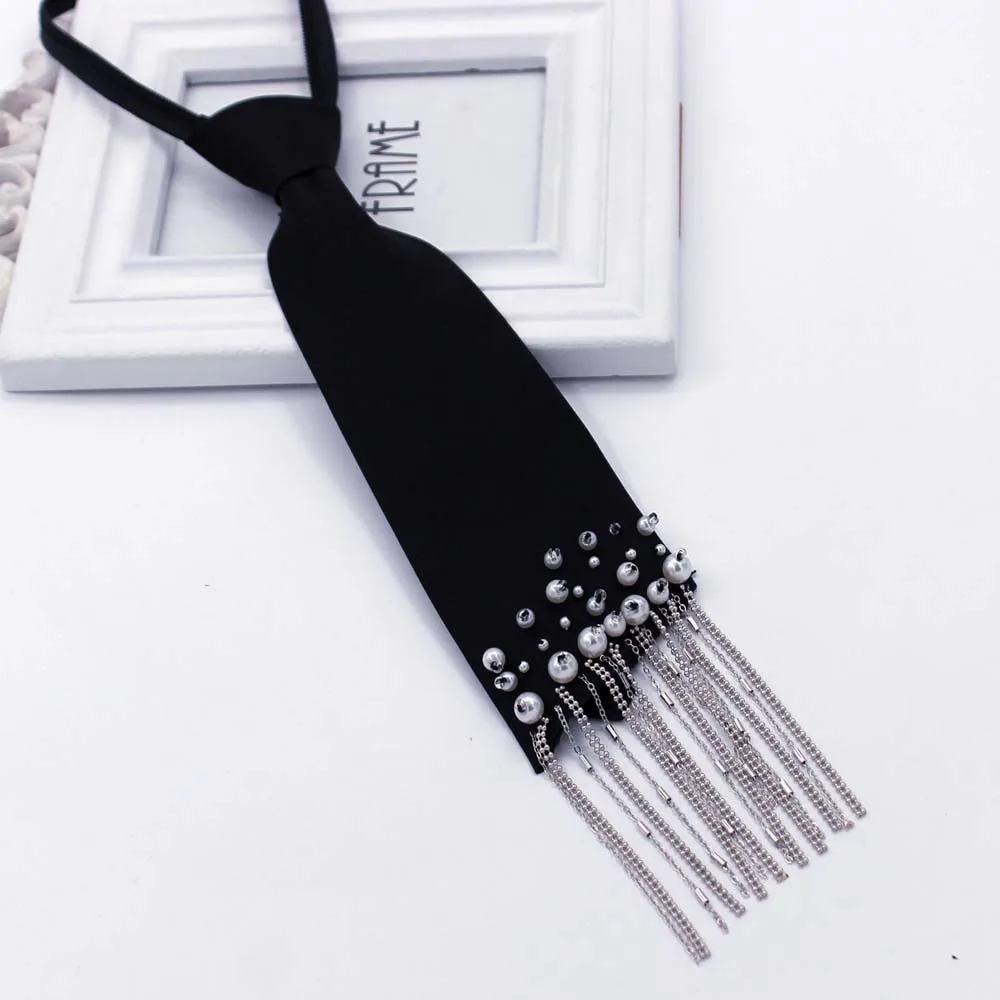 Elegant Korean Style Pearls Tie Black Tassels Hand-beaded Long Necktie Collares Academic Style Decoration Shirt Tie Women