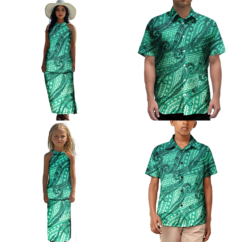 Ropa polinesia para madre e hija, trajes para papá e hijo, camisa hawaiana de manga corta a juego para la familia, conjuntos de ropa para niños