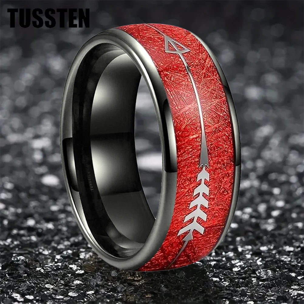 TUSSTEN 6/8MM Hot sale Fashion Black Dome Ring Unique Inlay Red Meteorite Silver Arrow Tungsten Carbide Rings Comfortable Fit