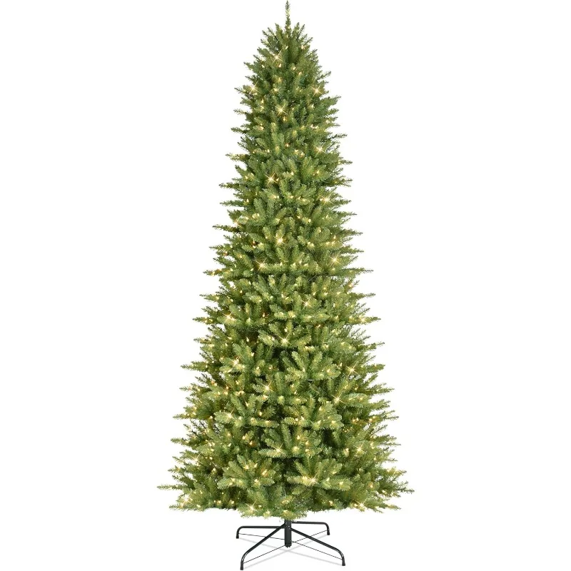 Puleo International 10 Foot Pre-Lit Slim Fraser Fir Artificial Christmas Tree with 900 UL Listed Clear Lights, Green