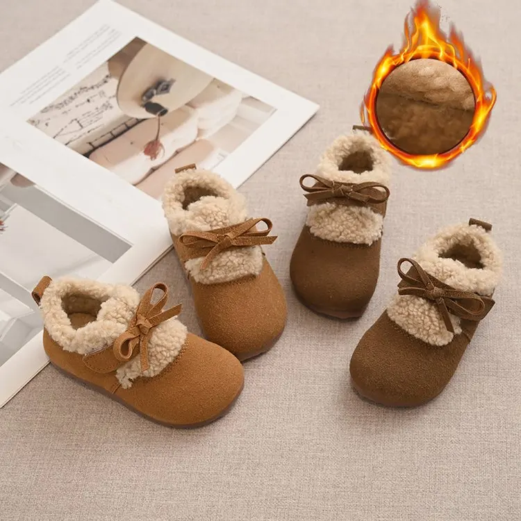 Toddler Fleece Lined Winter Ankle Boots, Kids Suede Warm Short Boots with Bow, Hook and Loop Non-Slip Soft Sole Shoes for Girls