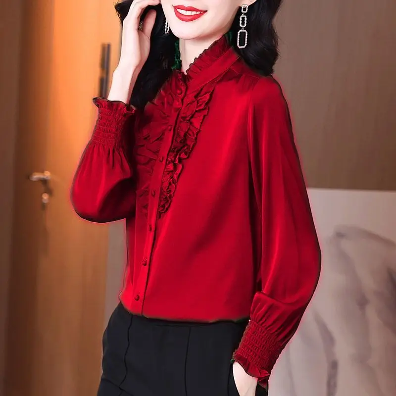 

New Women's Patchwork Button Shirt French Style Niche Retro Green Ruffled Edge Stylish and Slimming Solid Long Sleeved Top