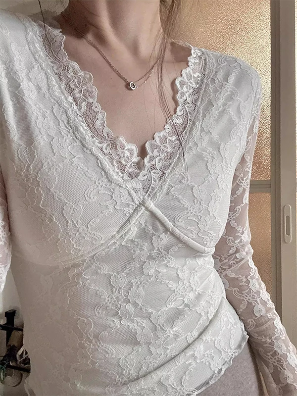 Top de punto con empalme de encaje blanco V-Ne para mujer, Otoño Invierno, diseño forrado con relleno en el pecho, Base de desgaste interior irt