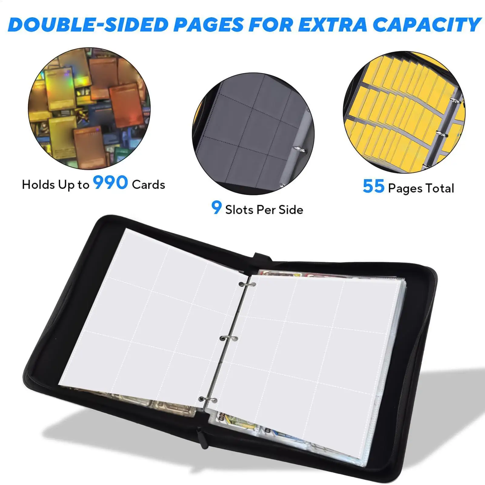 Carpeta de tarjetas comerciales, carpeta de almacenamiento de tarjetas de béisbol de PU de 9 bolsillos, carpetas de álbum de mangas de doble cara para mujeres, hombres, niños y niñas