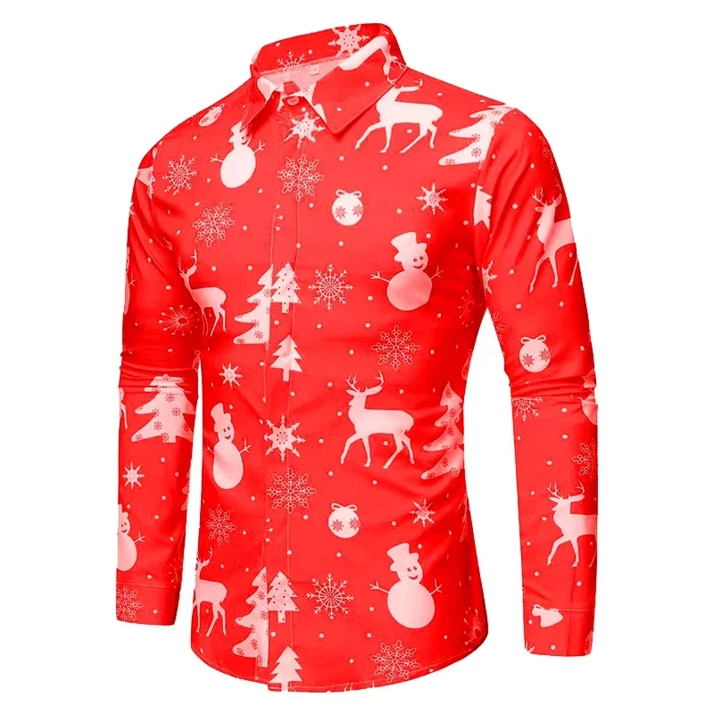 Men's New 7-color Christmas Festive Colorful Color Difference 3D Printed Shirt Long Sleeved Collar Comfortable Fabric Outerwear