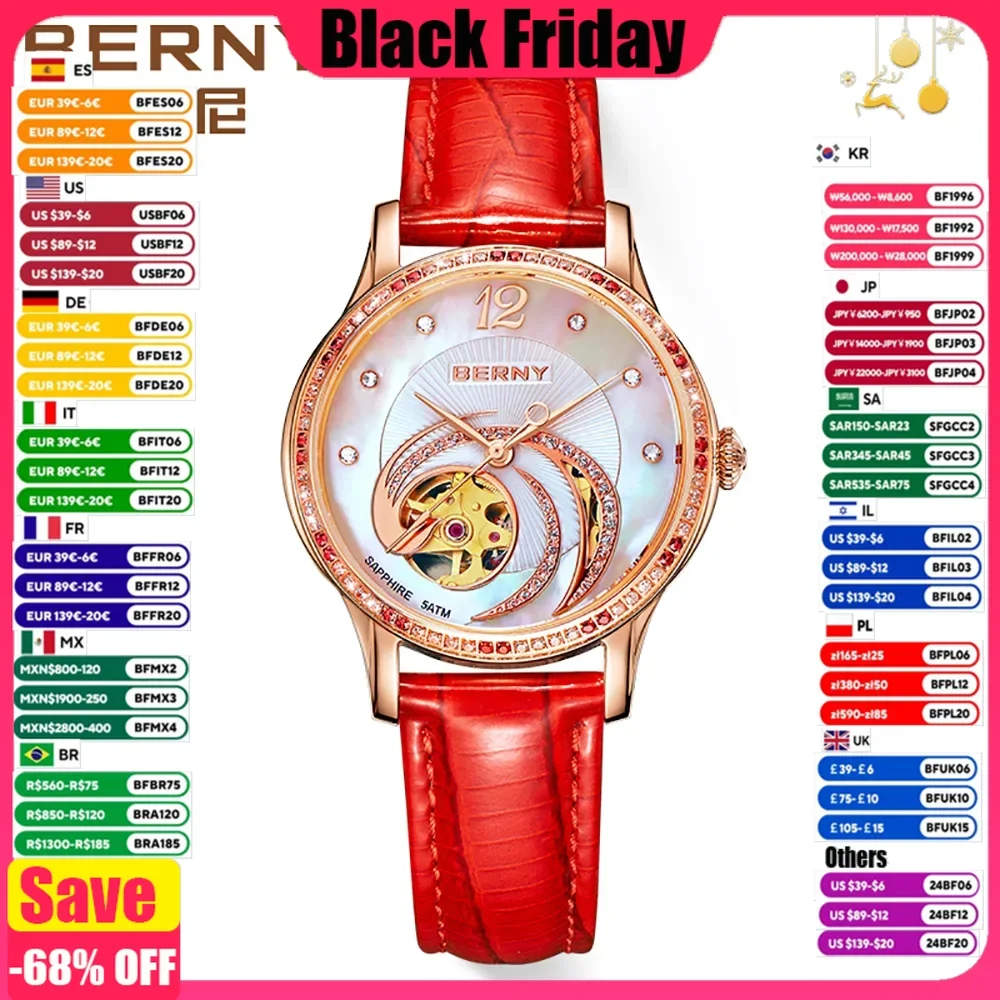 BERNY Automatic Watch Women Skeleton Miyota Luxury Gold Watch Sapphire Leather Strap Waterproof Self-winding Mechanical Watch