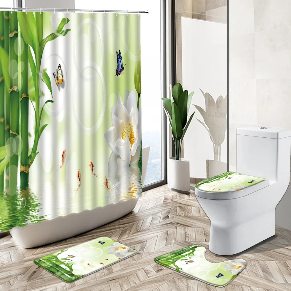 Green Bamboo Plant Flower Shower Curtain Set Butterfly Bird Water Reflection Spring Scenery Non-Slip Pedestal Rug Toilet Cover