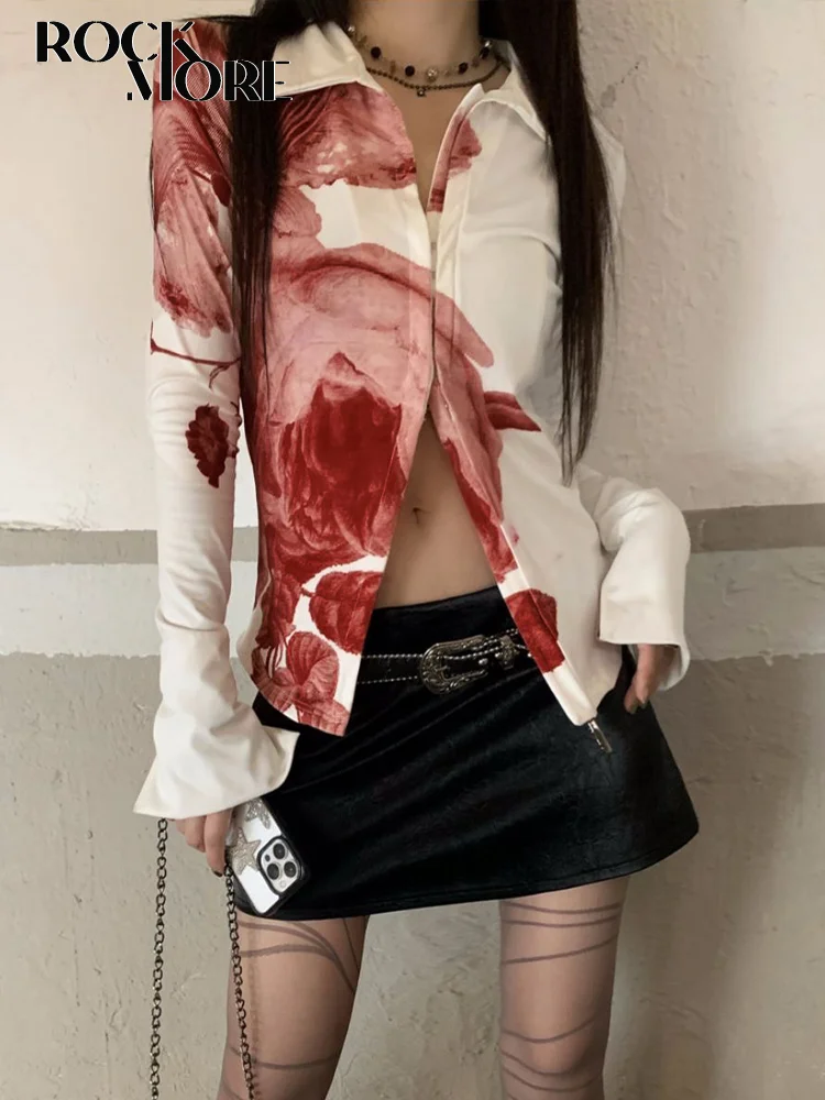 

Rockmoer Y2K Vintage Blouse Aesthetic Long Sleeves Print Women Shirts Autumn Button Up Tops Casual Cardigans Grunge Fairycore