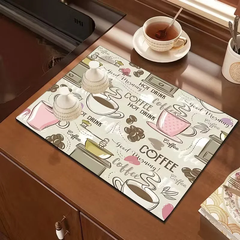 Vintage Floral Bow Coffee Tile Print Super Absorbent Drying Mat Waterproof Kitchen Counter Drain Pad Decor Placemat