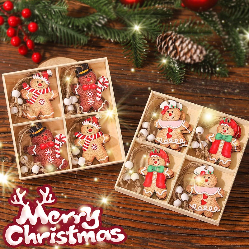 12Pcs Gingerbread Man Wooden Ornaments Xmas Tree Hanging Pendant Merry Christmas Decoration for Home New Year Navidad Gifts