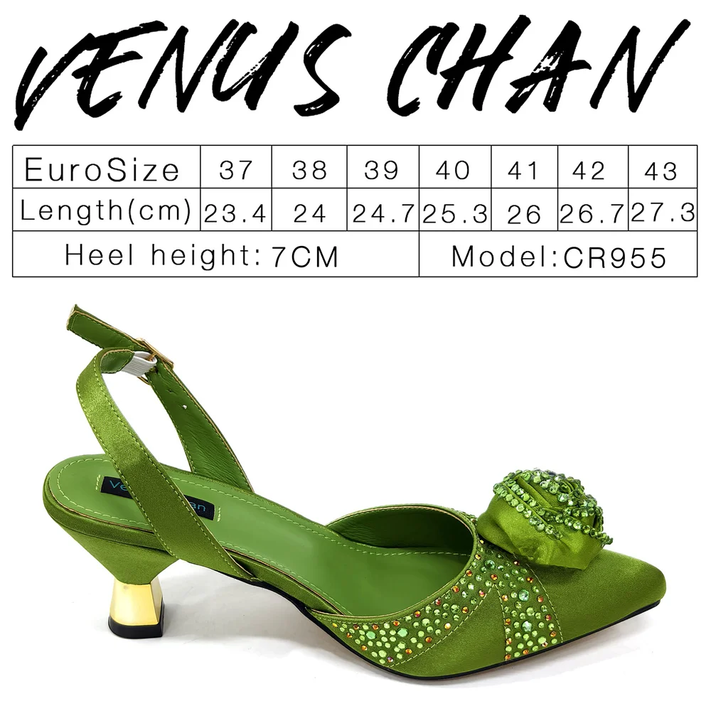 Venus Chan Sparkling Rhinestone Rose Pumps With Medium Heel for Nigerian Women\'s Party, Pointed Toe Shoes and Matching Bags