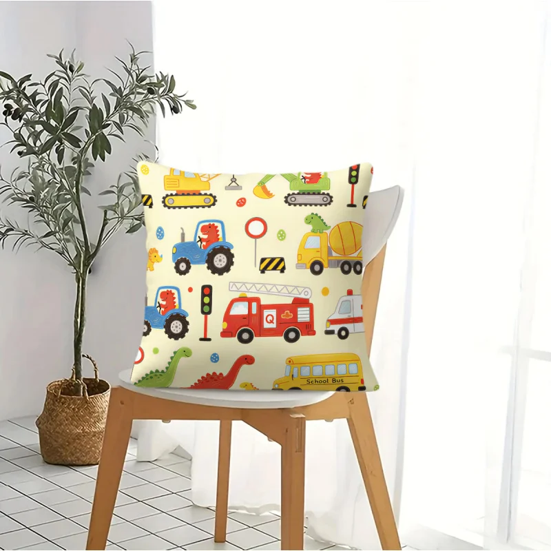Cartoon Construction Dinosaur Truck Throw Pillow Cushion Accent Pillow Includes Pillow Core Digital Print Sofa Couch Room Decor