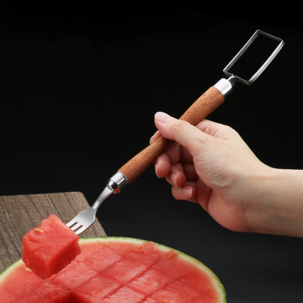 

Watermelon Cutter 2 in 1 Fork Stainless Steel Wood Fruit Slicer Cutting Tool Kitchen Gadget Practical Non Slip Handle
