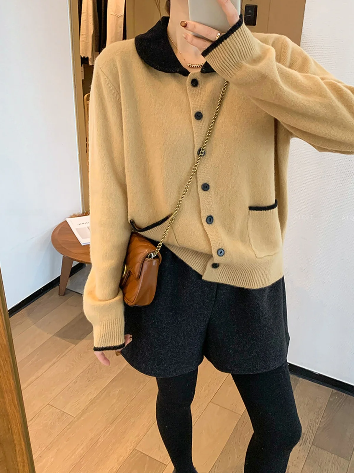 

Love Devil Fi Color Blo Collar Knitted Open Cardigan Women's Winter New Sle Korean Commute Anti Aging Top