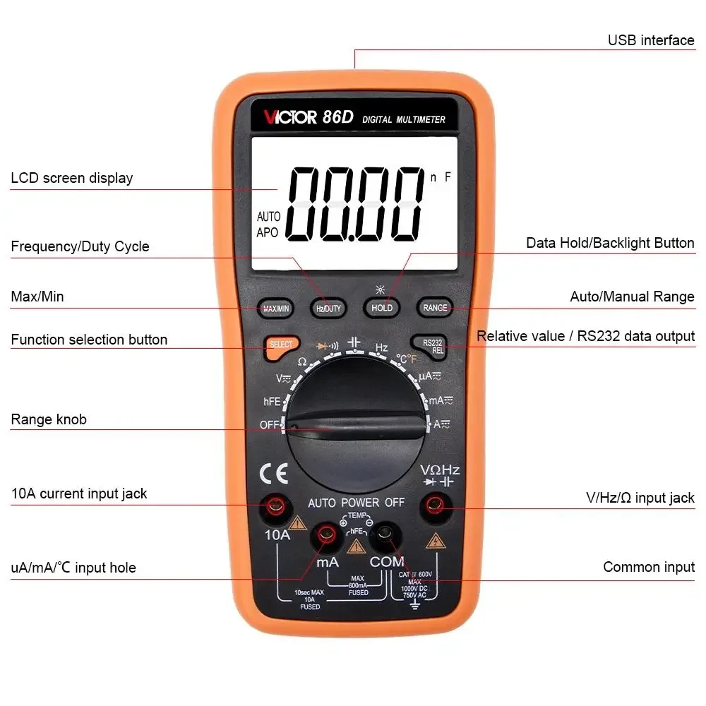 Imagem -02 - Ruoshui 86e Multímetro Digital 22000 Contagens Alcance Automático Temperatura ac dc Capacitor de Freqüência Usb Tester Conecte Transferência