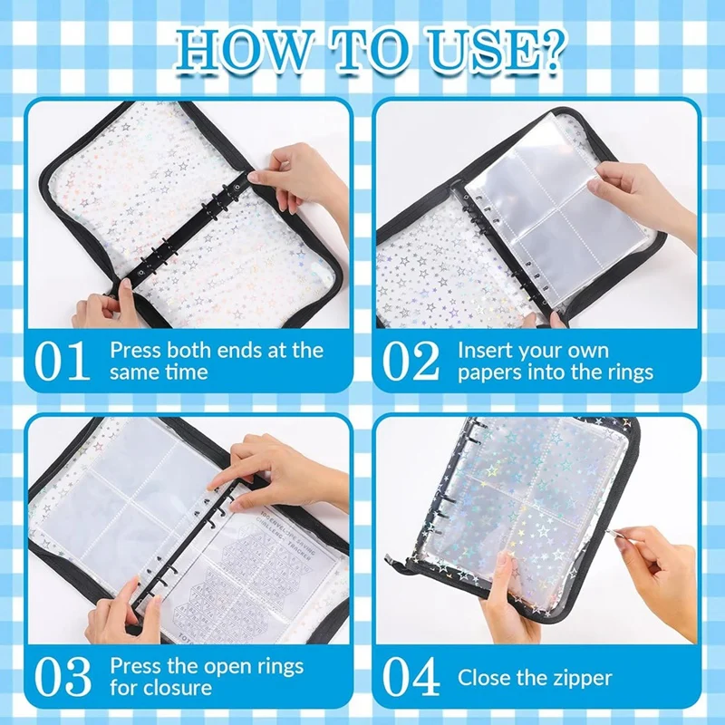 Imagem -02 - Budget Binder Capa com Zíper Shell de Notebook Recarregável Estrelas Glitter Ring Binder Planner Pvc Transparente a5