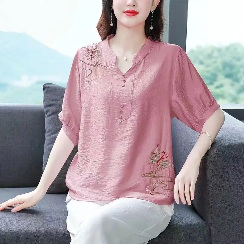 Fashionable Lady Solid Color Embroidery Short Sleeve Shirt Summer Women\'s Clothing Casual Button Patchwork Short Sleeve Blouse