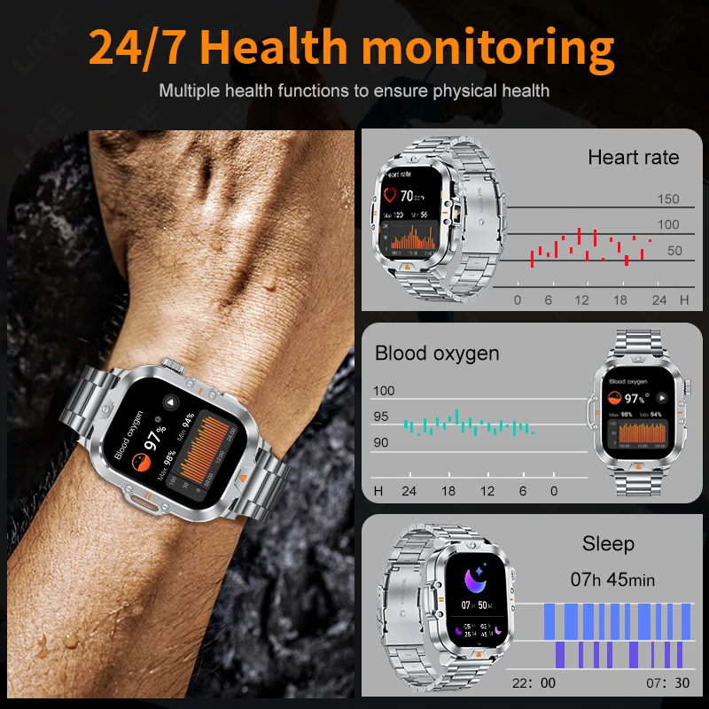 LIGE LED Lighting Smart Watch 2.01-inch Screen Health Monitor Waterproof Outdoor Sport Bluetooth Call Smartwatch For Android IOS