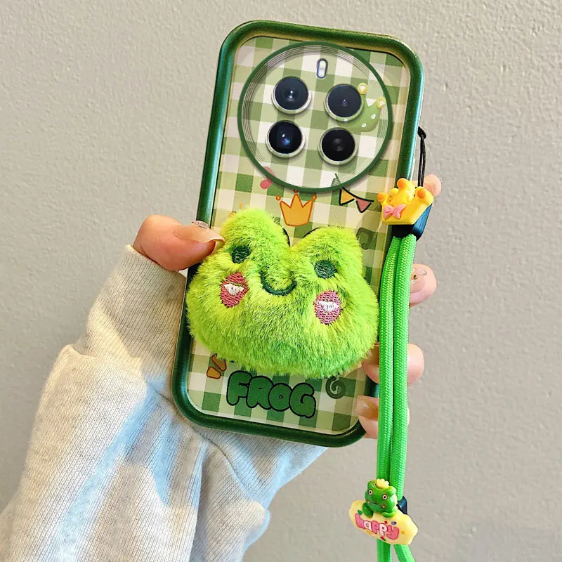 כיסוי טלפון נייד עם דמות צפרדע חמודה מתאים ל-Realme 12 Pro Plus 12X 12 Lite צעצוע רך קרטון רצועת חבל כיסוי