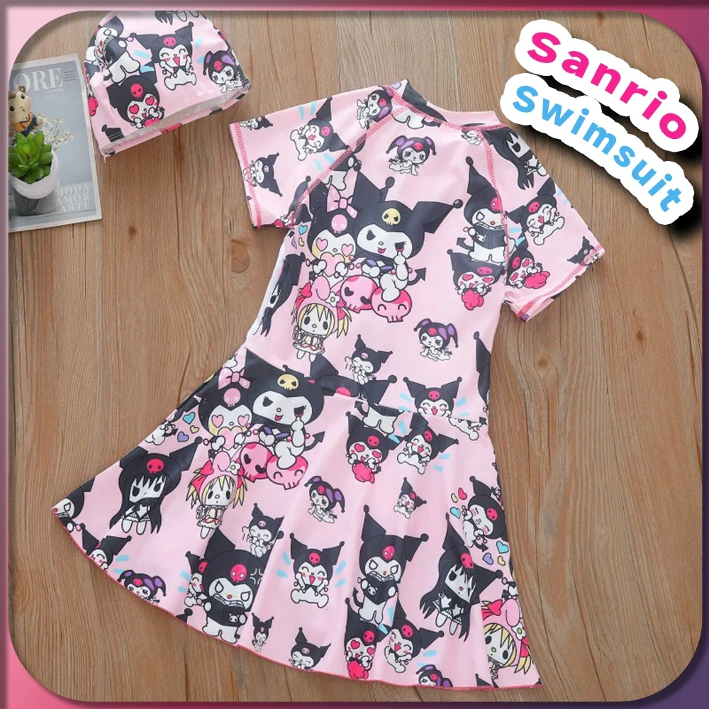 Kawaii Kuromi Kid One Piece Swimsuit Sanrio Girl 2024 Summer New Children Anime Swim Dress Short Sleeves Fashion Bathing Suits