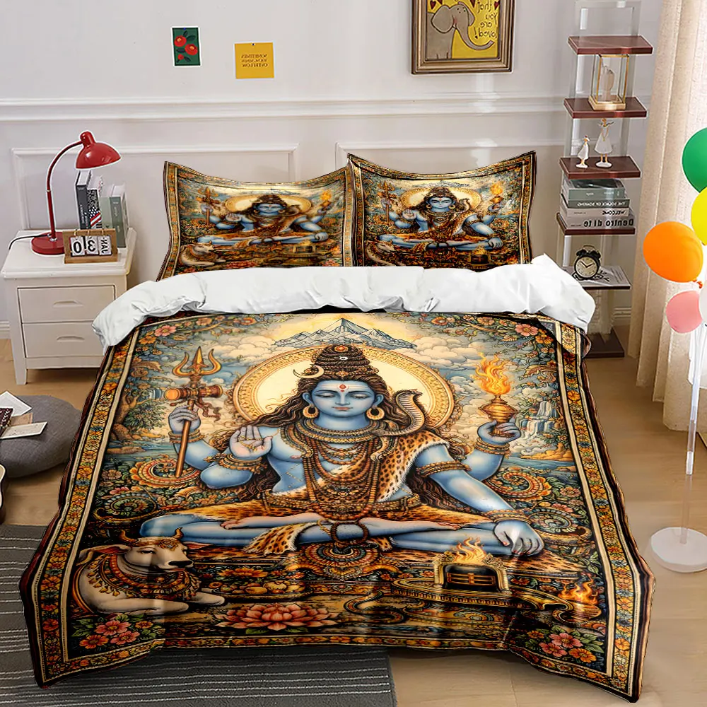 Blue-skinned deity seated in ornate artwork Pattern Duvet Cover Set Digital Print Colorful Polyester Bedding with Zipper Closur